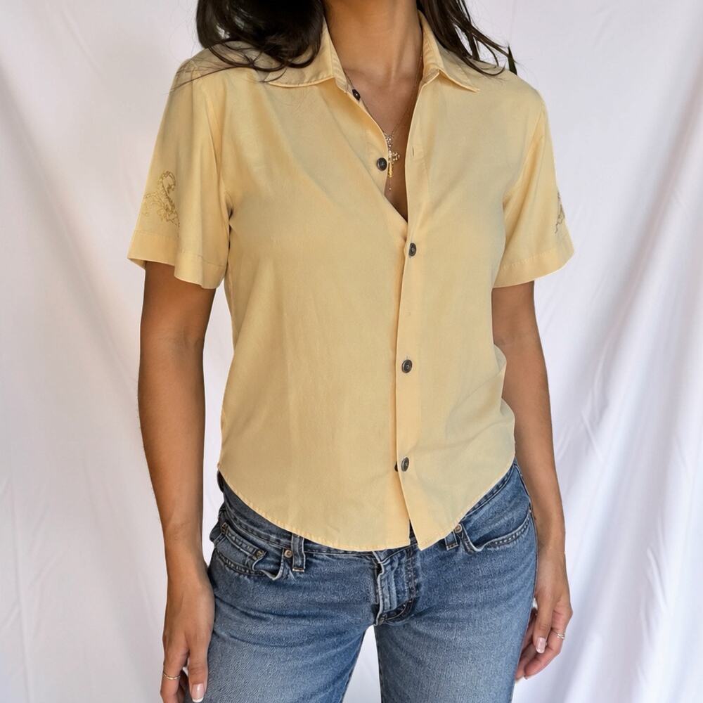 Vintage Ruizzini Y2K Yellow Scorpion Embroidered Button-Down Shirt Size 12